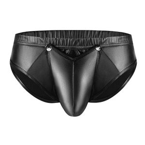 Men Faux Leather Low Rise glanzende boxershorts Buckled Pouch Shorts Underwear 240506
