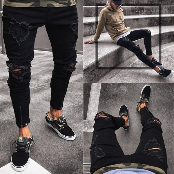 Hombres Pies Pantalones Zip Black Skinny Jeans Diseñador masculino Ripped Denim Jean Casual Algodón Stretch Males Slim Fit High Street para Mens239s