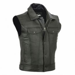 Hommes Fi Sleevel Manteau Casual Solide Gilet Moto Flotte Punk En Cuir Gilet Top Zipper Revers Cool Boy Streetwear Mâle b6M7 #