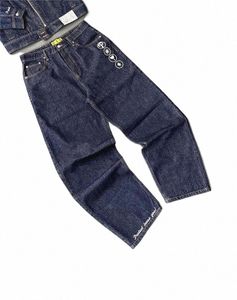 Hommes Fi Droite Jambe Large Baggy Jeans Y2k Hip Hop Rétro Lettre Broderie Mer Bleu Denim Pantalon Cargo Jeans Streetwear V32B #