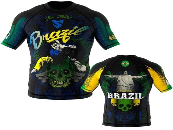 Camiseta deportiva de compresión con cuello redondo para hombre, camiseta deportiva de manga corta para MMA, camiseta ajustada de lucha libre Jiu Jitsu Rashguard 2206204707000