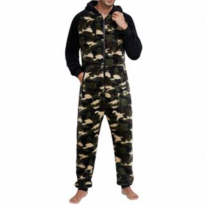 Mannen Fleece Pyjama Lg Mouw Capuchon Zip-up Warme Nachtkleding Loungewear met Zakken Herfst Winter Ondergoed d6vf #