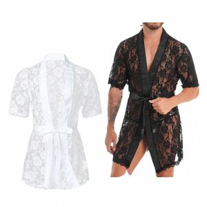 Hommes Floral Lace Lingerie Party Voir à travers la robe de nuit Homme Sissy Sous-vêtements Cardigan Peignoir Loungewear Vêtements de nuit Vêtements de nuit 856o #