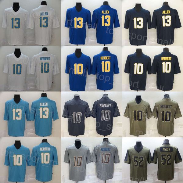 Hommes Football 10 Justin Herbert Jerseys 13 Keenan Allen 52 Khalil Mack Gris Noir Bleu Blanc Armée Vert Salut au service Retournez l'horloge Broderie Couleur Rush