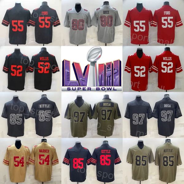 Hommes Football Super Bowls 54 Fred Warner Jerseys 52 Patrick Willis 55 Dee Ford 80 Jerry Rice 85 George Kittle 97 Nick Bosa Retournez l'horloge Olive Salute à l'équipe de service