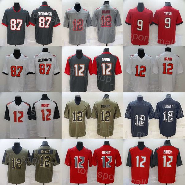 Hommes Football 9 Joe Tryon-Shoyinka Jersey 12 Tom Brady 87 Rob Gronkowski Noir Rouge Blanc Gris Armée Vert Salut au service Retournez l'horloge pour les fans de sport