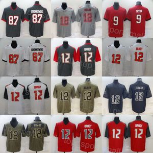 Hommes Football 9 Joe Tryon-Shoyinka Jerseys 12 Tom Brady 87 Rob Gronkowski Noir Rouge Blanc Gris Armée Vert Salut au service Retournez la broderie d'horloge pour les fans de sport