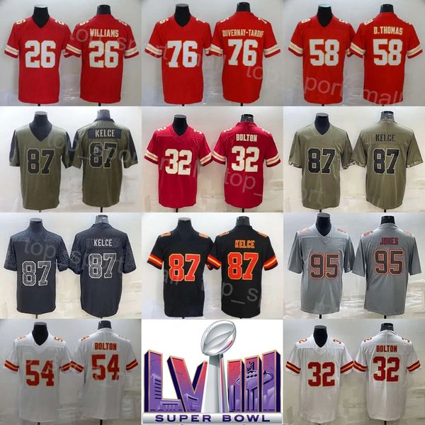 Super Bowls 2024 Football 95 Chris Jones Jersey 87 Travis Kelce 32 Nick Bolton 58 Derrick Thomas 26 Chris Williams Vintage Army Salute To Service Couture intouchable