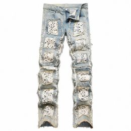 Hommes Fr Broderie Denim Jeans Fi Fringe Patchs Patchwork Pantalon Slim Droit Pantalon Large W8Ua #