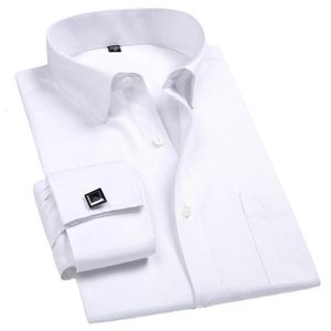 Men French Cuff Dress Shirt Cufflinks White Long Sleeve Casual Buttons Male Brand Shirts Regular Fit Clothes 240112