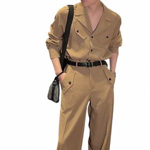 Ensemble deux pièces pour hommes, couleur unie, style français, tendance jeunesse, chemise élégante à manches Lg, pantalon droit, costume unisexe, automne, 7060 #