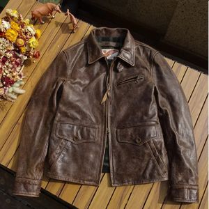 Manteau en peau de vache à noyau de thé givré pour hommes, collection Vintage, vêtements d'extérieur en cuir véritable marron, veste slim et douce en cuir de fitness 240108