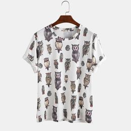 Mannen Pret Cartoon Uil Print Ronde hals Casual Korte Mouw T-shirts Mode Bird Gedrukt Tshirt voor Mens Tee 210527