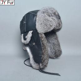 Chapeau en cuir de fourrure pour hommes pour hiver un vrai chapeau de fourrure de lapin avec pom oreille protection chapeaux de bombardier russe ushanka cap