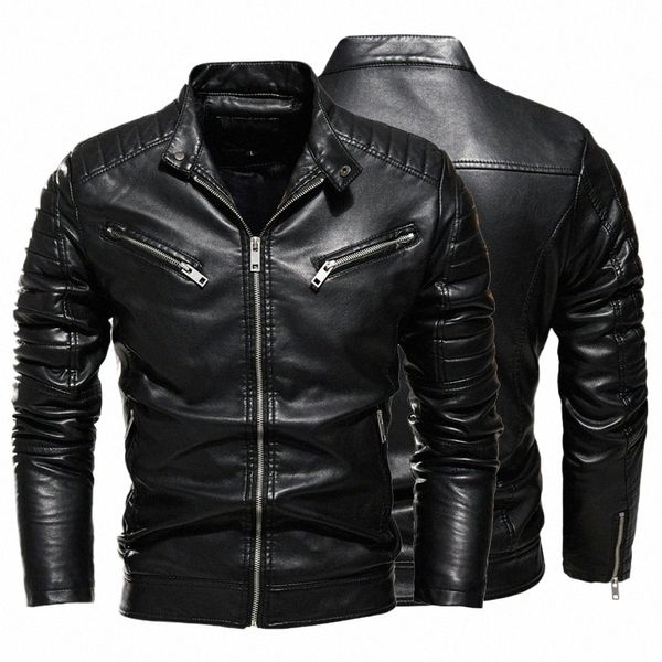 Hombres Forrado de piel Chaqueta de motocicleta cálida Slim Street Fi Black Biker Coat Diseño plisado Cremallera 2023 Invierno Chaqueta de cuero negro O5LH #