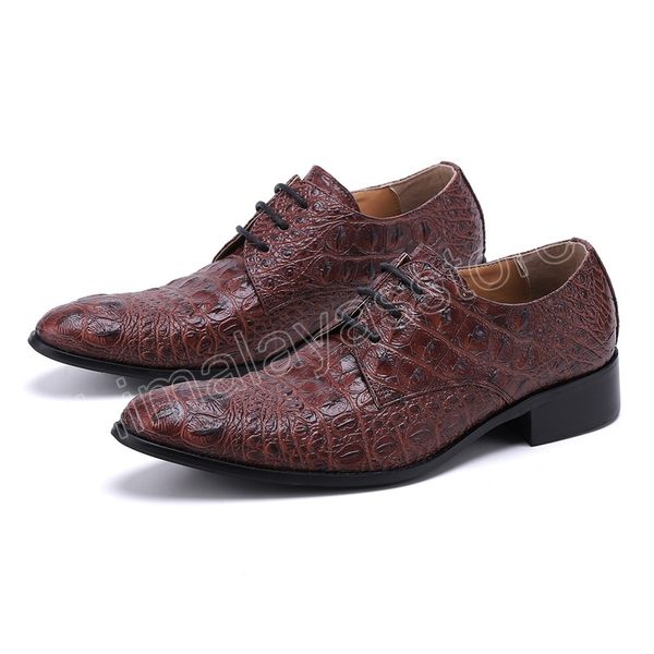 Zapatos de cocodrilo de cuero genuino para hombre, vestido Formal, clásico, Borgoña, para boda, con cordones, puntiagudos, Oxfords, zapato Masculino