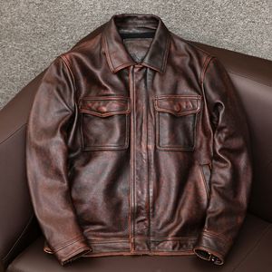 Mannen echt lederen jas Vintage noodlijdende heren motorfiets lederen jas gemaakt van bovenkleding van echt rundleer