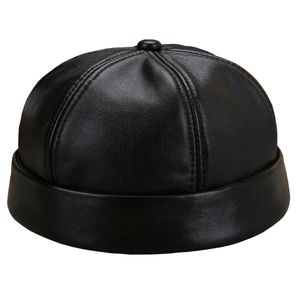 Casquette en cuir véritable pour hommes, chapeau de marin, casquette sans bords à manchette roulée rétro 22102