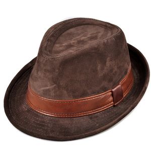 Mannen echte lederen suede koe huid hoeden nubuck bruin fedoras dames gentleman mannelijke jazz heup pop caps 56-60 cm gemonteerde hoed