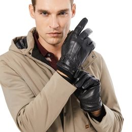 Gants en cuir de mouton véritable pour hommes, automne-hiver, chauds, pour écran tactile, doigt complet, noirs, de haute qualité