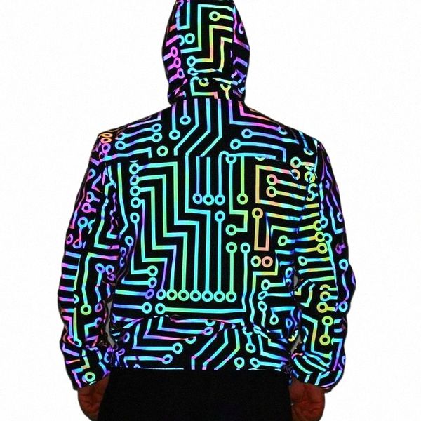 Hommes lignes de circuit géométriques vestes réfléchissantes colorées coupe-vent hip hop hommes reflètent la lumière manteaux décontractés jaqueta masculina U1cR #