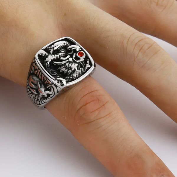 Bague en or noir pour hommes, Dragon levant avec pierre rouge, anneau d'oeil Vintage en or 14 carats, Punk, bijoux pour hommes