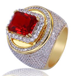 Anelli Hip Hop color oro da uomo Micro Pave Big Red CZ Stone Tutti gli anelli Bling ghiacciati per gioielli maschili femminili282D