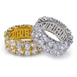 Bague en or pour hommes, zircone cubique, bagues de fiançailles en diamant, 8mm glacé, 2 rangées de coupe ronde, bague épaisse d'éternité, bijoux unisexe Hip Hop