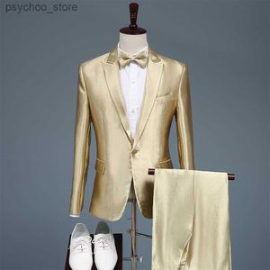 Mannen Gouden Pakken Gastheer Prestatie Bruiloft Komt Mannelijke Glanzend Zacht Pak Blazer Plus Size Pak Broek Set 2 Delige Set Elegante Jongens Q230828