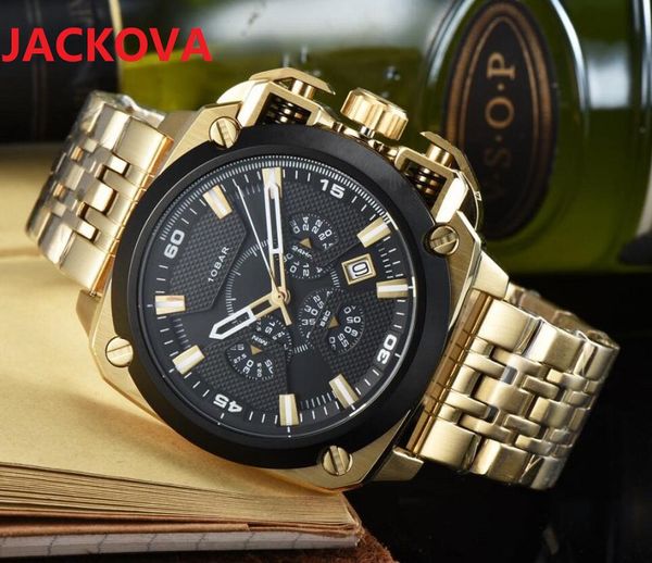 Hombres Relojes de oro Reloj de lujo de acero inoxidable para hombre 50 mm Fecha automática Zona horaria múltiple Cuarzo Tamaño grande Diseñador único Relojes de pulsera militares