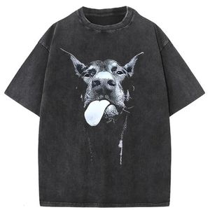 Mannen Gothic Letter Dog Gedrukt T -shirt Hip Hop Streetwear Punk Summer Vintage Washed Oversized T Shirts Tops Men Men Clothing 240418