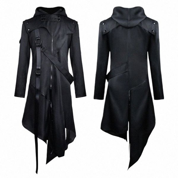 Hommes Gothique Steampunk Veste Halen Tailcoat Cosplay Costume Assassin À Capuchon Médiéval Viking Warrior Zipper Manteau Noir 5XL n8Om #