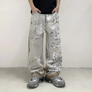 Hommes graffiti imprimement streetwear mode hip hop lâche décontracté jambe large jeans baggy pantalon homme hétérojeans pantalon xxl 240426