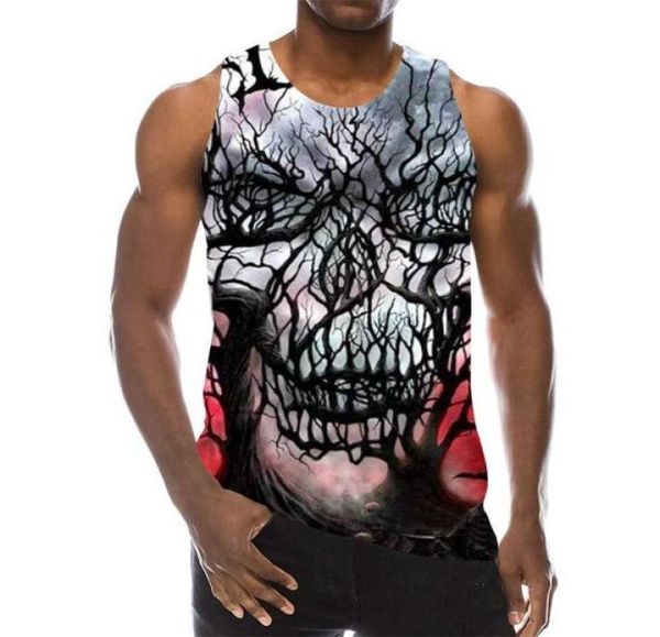 Camiseta sin mangas con gráfico para hombre, cuello redondo, estampado 3D, sin mangas, camisetas diarias, camisetas con calavera abstracta negra 2106181129610