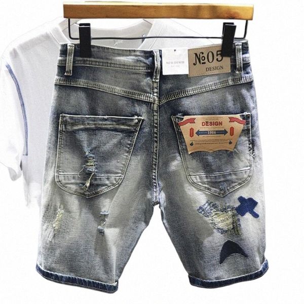 Hombres Pantalones cortos de mezclilla gris Agujeros Jeans Pantalones cortos elásticos ocasionales Alta calidad Estiramiento masculino Cott Denim Jeans Shorts Longitud de la rodilla Jeans Q1hG #