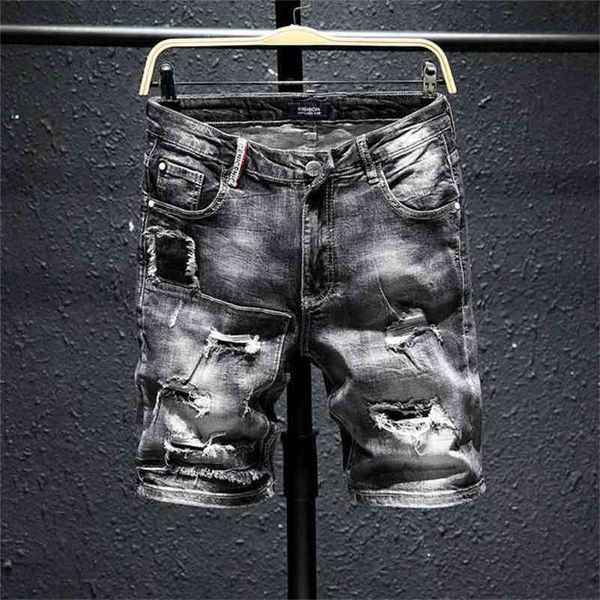 Hombres gris rasgado pantalones cortos de mezclilla agujeros de verano pantalones vaqueros cortos negros de alta calidad algodón suave estiramiento jean corto longitud de la rodilla jeans 210322