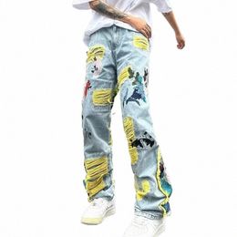 hombres pantalones grunge patrón gráfico bordado rasgado jeans rectos streetwear hip pop masculino borla denim 86jx #