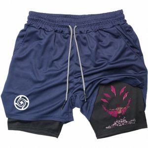 Hommes GYM 2 en 1 Compri Shorts été Anime Print entraînement entraînement mâle Fitn Sport Shorts course randonnée vêtements de Sport s6E9 #