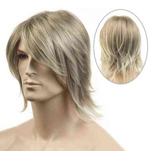 Hommes Cheveux Synthétique Aimisi Fiber Perruques Perruque Faible Jaune Mi-Longueur Longue Ligne Droite Cosplay Toupee pour Homme 0527