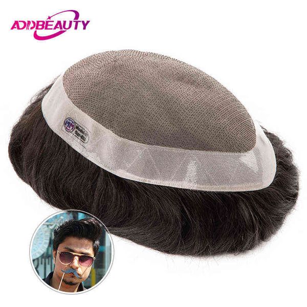 Hombres Cabello Sintético Toupee Mono Npu Peluca humana Sistema indio Onda recta pieza Capilar Prótesis Línea natural 0527