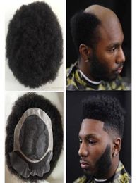 Haarsysteem voor mannen Afro Curl Toupetje met kanten voorkant met Mono NPU-toupetje Gitzwart Peruaanse Maagd Remy Menselijk haar vervanging voor zwart M4207601