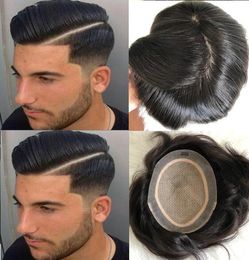 Peluca con sistema de cabello para hombres, tupé de seda completo, Color negro # 1B, reemplazo de cabello humano virgen brasileño para hombres negros, envío gratis rápido