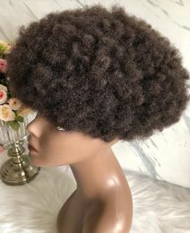 Sistema de cabello para hombres Peluca Piel delgada completa Afro Curl Full PU Tupé Color marrón # 2 Reemplazo de cabello humano virgen brasileño para hombres negros