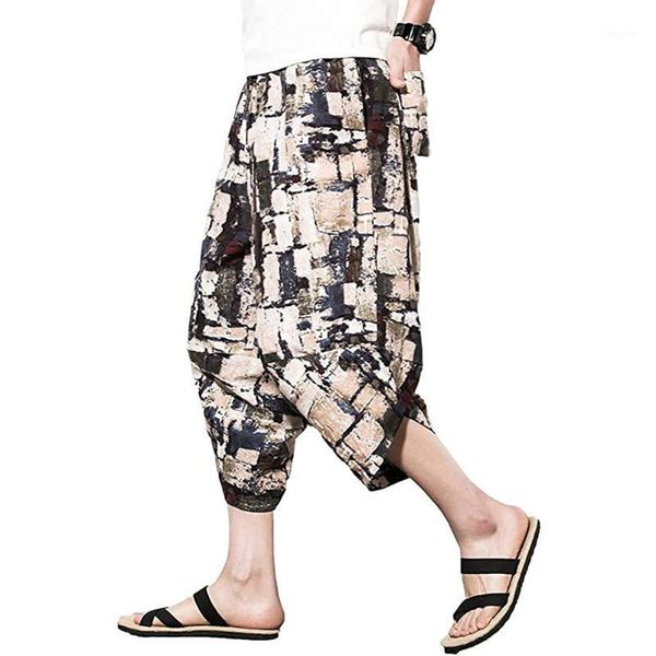 Pantalon sarouel imprimé avec poches arrière pour hommes, ample, décontracté, Yoga, jambes larges, court, Streetwear, coton et lin, respirant