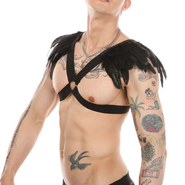 Arnés con plumas para hombre, Punk, gótico, Bondage, Halter, lencería exótica, jaula, cinturón corporal Sexy, disfraces de Halloween, alas