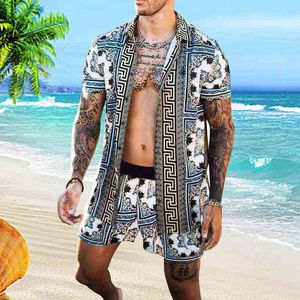 Mannen Hawaiian Shirt Sets Mode Afdrukken 2021 Zomer Korte Mouw Knop Shirt Strand Shorts Streetwear Casual Mens Suit 2 Stuks G220224