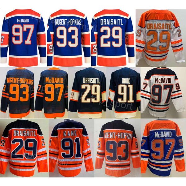 Hommes Heritage Classic Hockey 97 Connor McDavid Jerseys Reverse Retro 29 Leon Draisaitl 93 Ryan Nugent-Hopkins 91 Evander Kane Tous cousus Bleu marine Orange Blanc