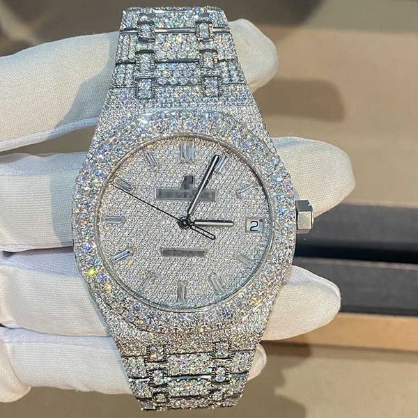 Hombres de gama alta de lujo Bling Jewelry Reloj con esfera de diamante completo Vvs Moissanite Hip Hop Iced Out Stainlwatchess Relojes mecánicos de acero