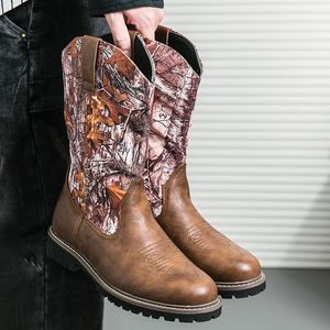 Botas de trabajo de tubo alto para hombre con estilo europeo y americano, botas de moto de vaquero occidental con grafiti de hojas