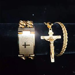 Mannen Hiphop kruis Jezus hanger met 14k Geel Gouden kruis armband nooit vervagen vintage Hiphop ketting mode Charme sieraden